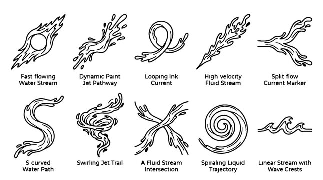 Collection of dynamic liquid flow and water stream line art illustrations.