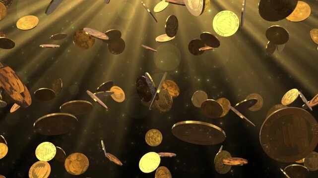 Falling Golden 500 Yuan Chinese Panda Coins with Shimmering Light Rays