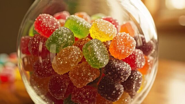 Close-up of a glass jar filled with colorful sugared jelly candies illuminated by natural light.