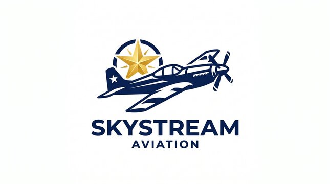 A stylized navy blue logo of a vintage airplane with a star inside a circle and the text Skystream Aviation