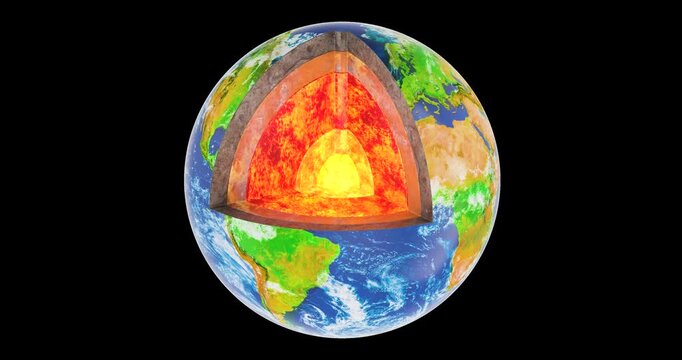 Planet Earth cutaway showing crust mantle outer core and inner core  rotation animation seamlessly loopable. 3D rendering isolated on transparent background