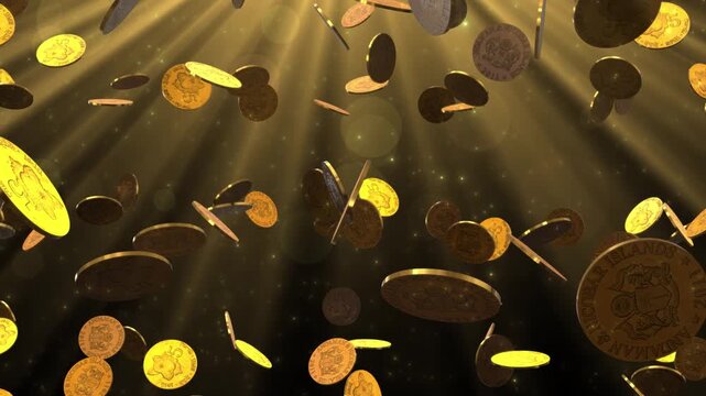 Golden 5 Rupee Coins with Shimmering Light Rays