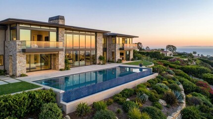 Fototapeta premium A modern, luxurious mansion with a stunning ocean view, featuring large glass windows, a swimming pool, and a lush garden.
