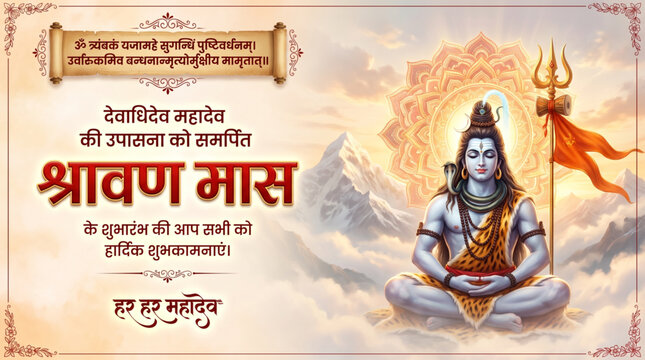 Sacred Shravan Maas greeting banner featuring meditating Lord Shiva with Trishul on Himalayan spiritual landscape background
