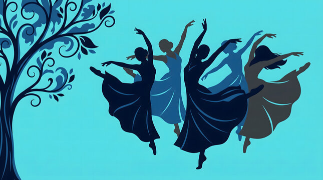 Graceful dancers in flowing blue dresses, elegant tree silhouette, artistic movement, celebratory ballet, serene blue background, artistic illustration, women's empowerment, creative expression