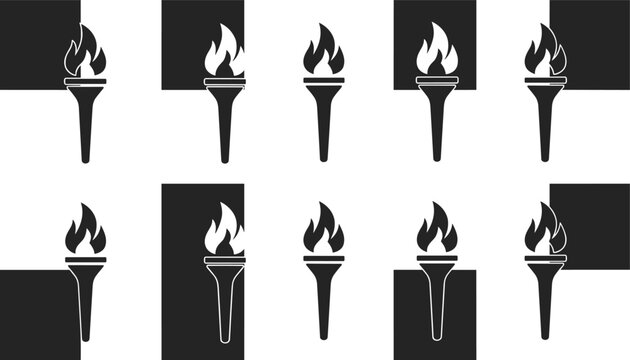 Pattern design featuring a repeated set of burning torches on alternating black and white square tiles arranged in a grid formation.