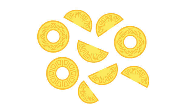 Collection of vibrant yellow pineapple slices and circular rings featuring geometric patterns arranged on a clean white background design.