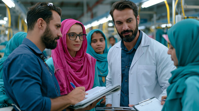 Ethical sourcing auditor interviews textile factory workers through an interpreter on a production floor in South Asia, notebooks open and clipboards ready, depicting fair labor standards compliance