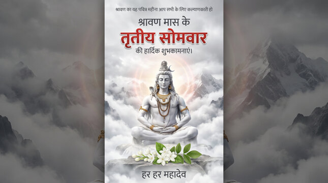 Third Shravan Somwar greeting banner with meditating Lord Shiva on Himalayan mountain background for Hindu devotional festival