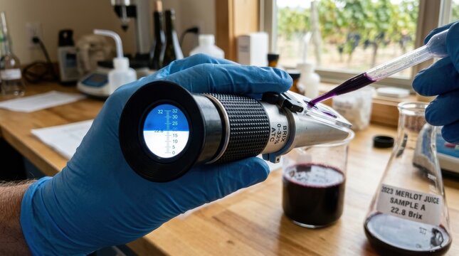 Gloved Hand Using a Precision Refractometer for Brix Measurement and Quality Control in a Laboratory Environment