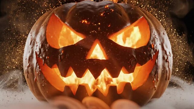 Spooky glowing jack o lantern with evil face burning in flames with fog for Halloween night