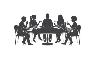 Fototapeta premium Silhouette of diverse group of people sitting around a table with laptops