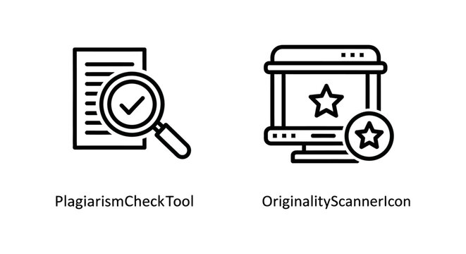 Plagiarism check tool and originality scanner icons with plagiarism originality document magnifying research academic copyright integrity education analysis detection database