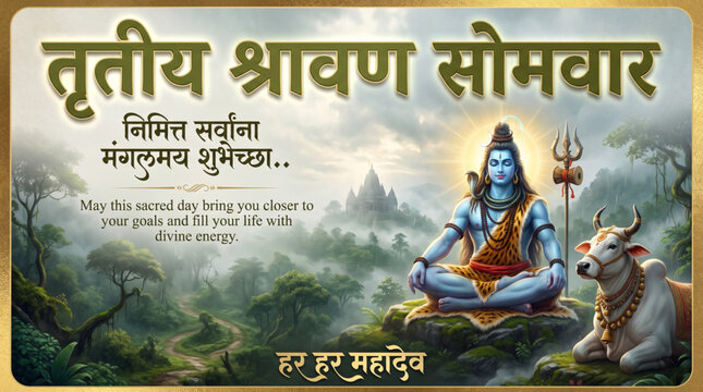 Third Shravan Somwar greeting banner with Lord Shiva Nandi and Trishul in serene Himalayan landscape for Hindu festival