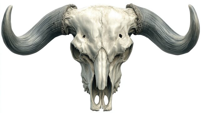 Water buffalo skull with curved horns on white.