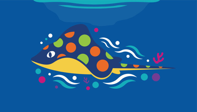 Vibrant illustration of a polka-dotted stingray swimming underwater with colorful bubbles and coral, highlighting ocean beauty and marine life.