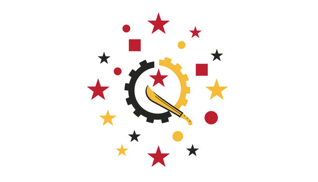 Abstract circular design with a machete in a gear, surrounded by stars, squares, and circles, evoking symbolism related to history or revolution.