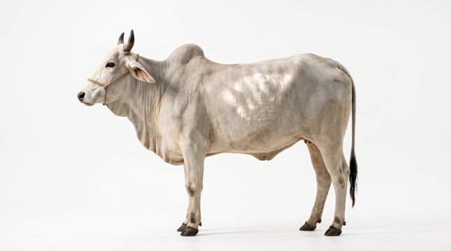 Full body side view of a white zebu cow isolated on white background