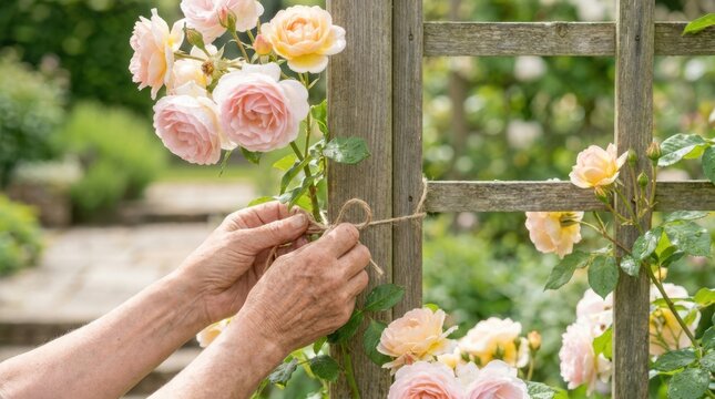 Close-up of senior hands tying blooming pink rose stems to a wooden garden trellis with twine, creating a cozy, elegant and peaceful backyard setting.