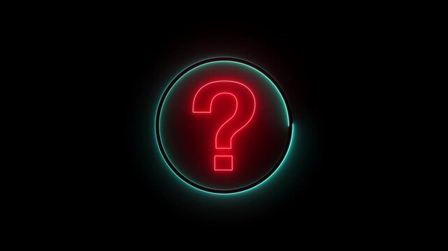 Glowing Red Neon Question Mark inside Teal Cyan Electric Circle Loop - Burning Symbol Video Elements