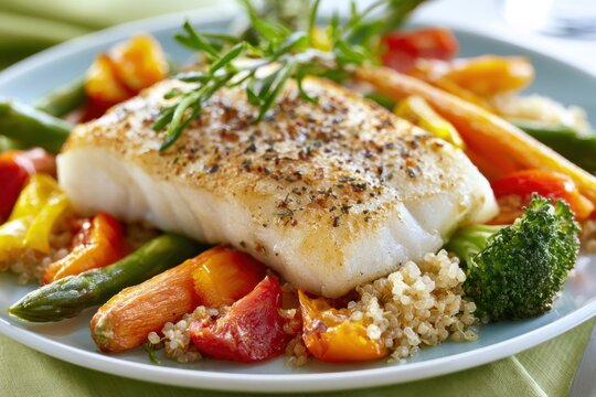Cooked fish fillet served on a plate with roasted vegetables including bell peppers, asparagus, and broccoli, garnished with herbs and quinoa on a light green tablecloth