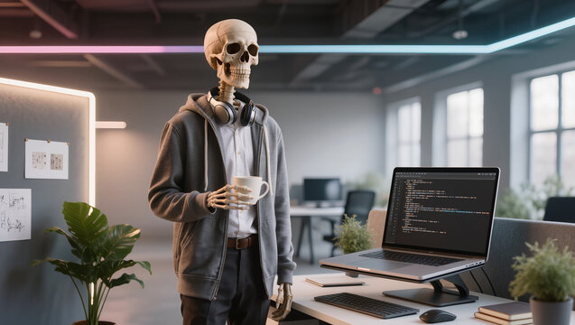 Hyper-realistic skeletal freelancer in a modern open-space office with laptop workspace, headphones, and coffee, representing productivity, technology culture, and creative solitude.
