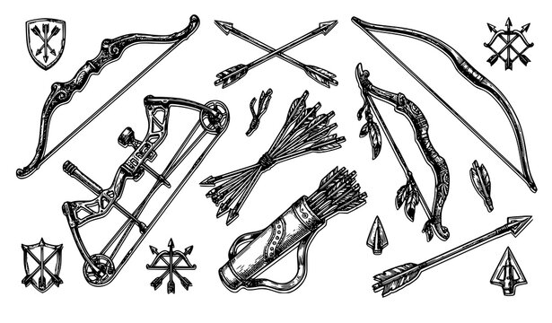 Vintage Bow and Arrow Sketch Vector Collection with Elegant Extruded Line Art Design