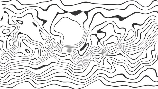 Topographic line map with monochrome elevation contours and abstract wavy patterns. Ideal for geography textbooks, environmentrelated posters, and educational presentations.