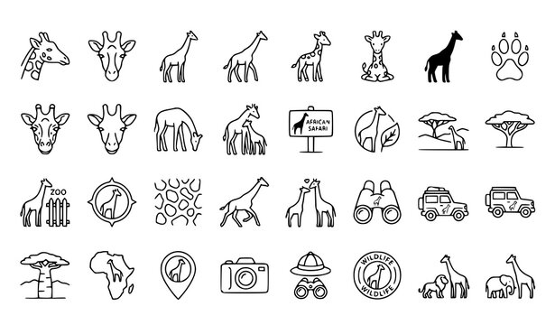 African Wildlife Outline Icon Collection with Giraffe Elephant Lion Zebra Safari Animals Vector Set