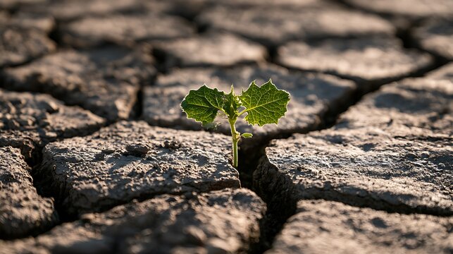 Close up of a small plant growing in cracked parched soil with seedling