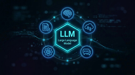 Fototapeta premium Glowing abstract hexagon with AI icons, representing large language models, data processing, and AI development on a dark digital background, perfect for technology concepts