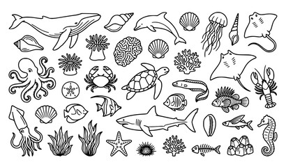 Fototapeta premium Underwater Marine Animal Collection with Whale Jellyfish Starfish Coral and Sea Life Outline Icons