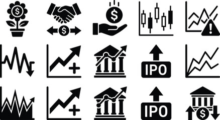 Fototapeta premium Set of finance and investment icons for business presentation and web design in flat black silhouette style.