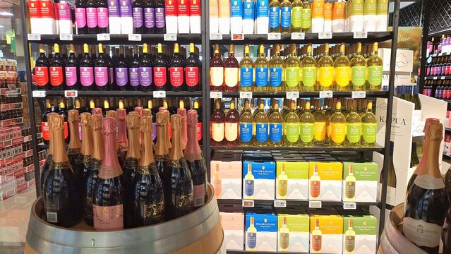 Rows of Peller Estates wine bottles in Toronto Canada
