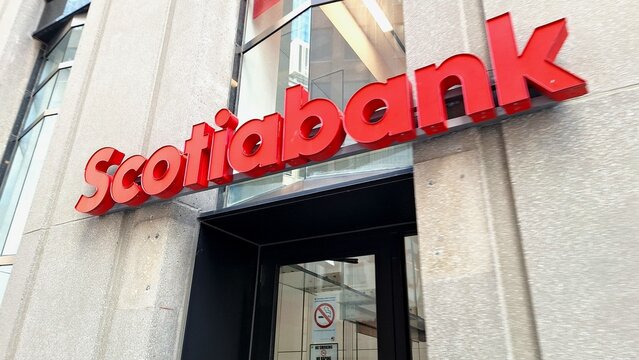 The exterior signage of a Scotiabank branch in Toronto