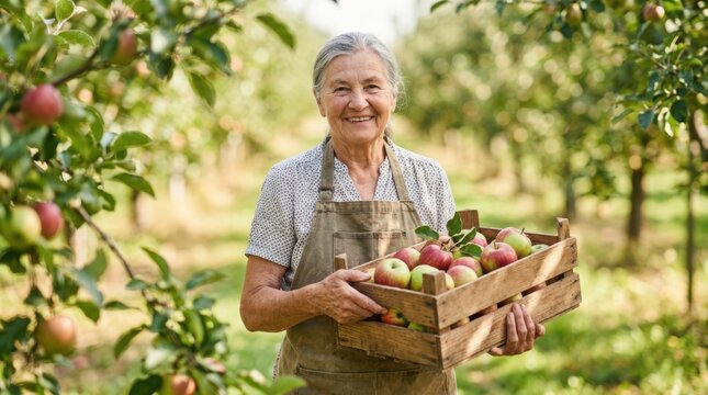 A cheerful senior standing in a sunny orchard and holding a wooden crate full of freshly harvested apples, showing pure joy and satisfaction with the fruit crop harvest.