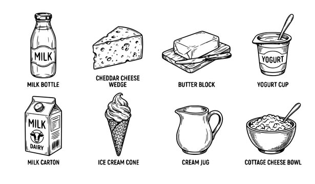 Sketch Drawing of Dairy Products Collection in Black and White Hand Drawn Vector Illustration