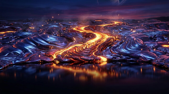 Fiery lava flowing through dark, textured terrain under a twilight sky, symbolizing raw power, creation, and dramatic transformation