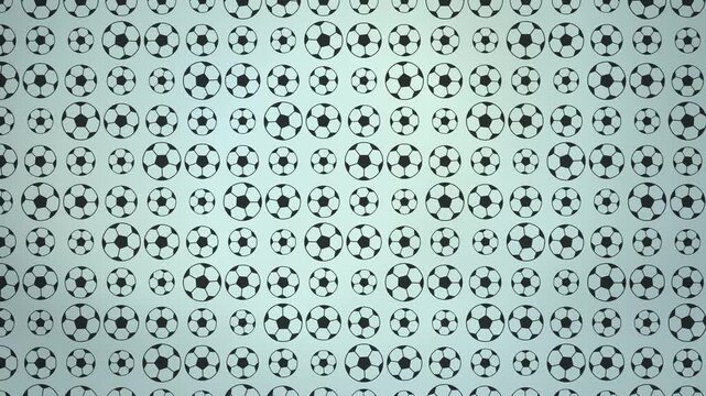 A seamless repeating pattern of black and white soccer balls of varying sizes on a light blue textured background, creating a dynamic sports motif.