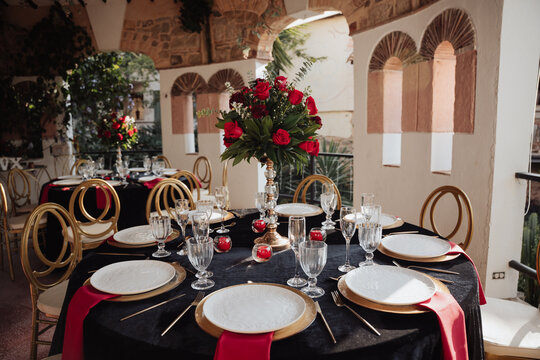 elegant table with a rose centerpiece