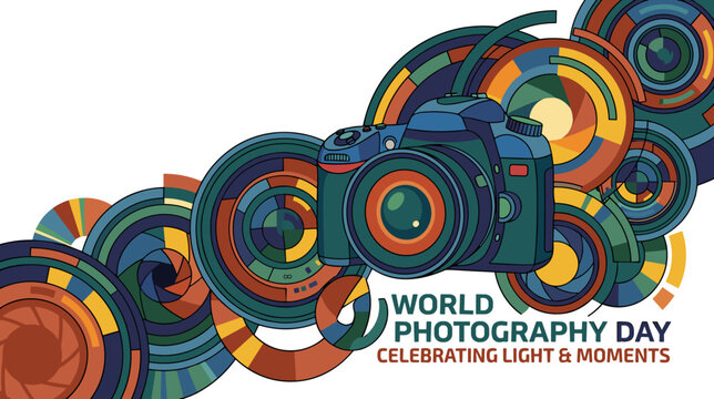 Modern dslr camera surrounded by colorful abstract circular geometric lens apertures and shutter blades on white background. World photography day celebration and professional equipment concept