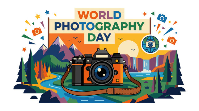 Vintage photo camera against beautiful stylized landscape with mountains forest river and sun with festive elements. World photography day and nature exploration concept