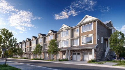 Obraz premium Modern Suburban Row Houses and Townhomes Under a Clear Blue Sky