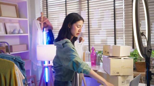 Asian woman live streaming fashion clothing sales with smartphone and ring light, modern retail e-commerce entrepreneur, social commerce influencer and generation z digital side hustle concept