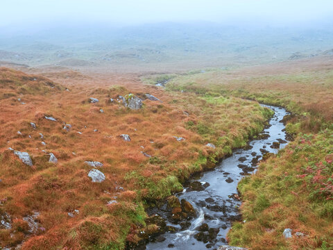 Winding stream flows through autumnal moorland with scattered rocks. Misty hills fade into distance. Orange-brown grasses dominate the landscape. Water reflects sky and surrounding terrain.