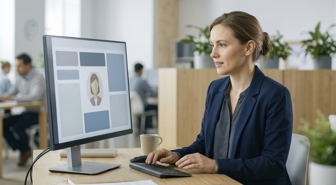 Businesswoman using virtual assistant software on computer monitor. Professional female employee working at office desk. Digital dashboard and technology concept