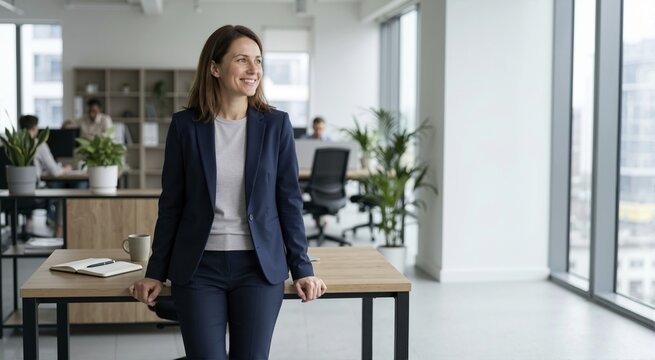 Friendly female assistant smiling in modern office. Confident businesswoman leaning on desk in bright workspace. Corporate career and positive workplace concept