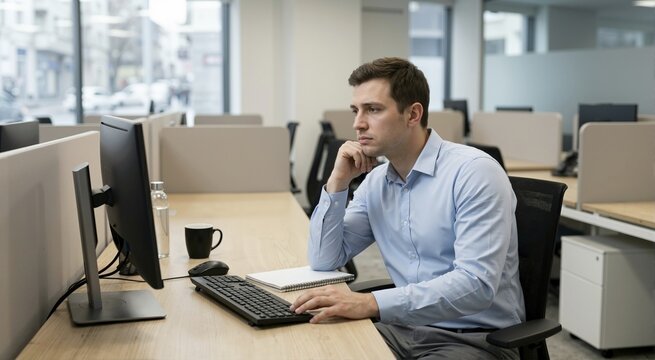 Tired male colleague looking bored at office desk. Concerned businessman sitting at computer workstation. Work stress and burnout concept