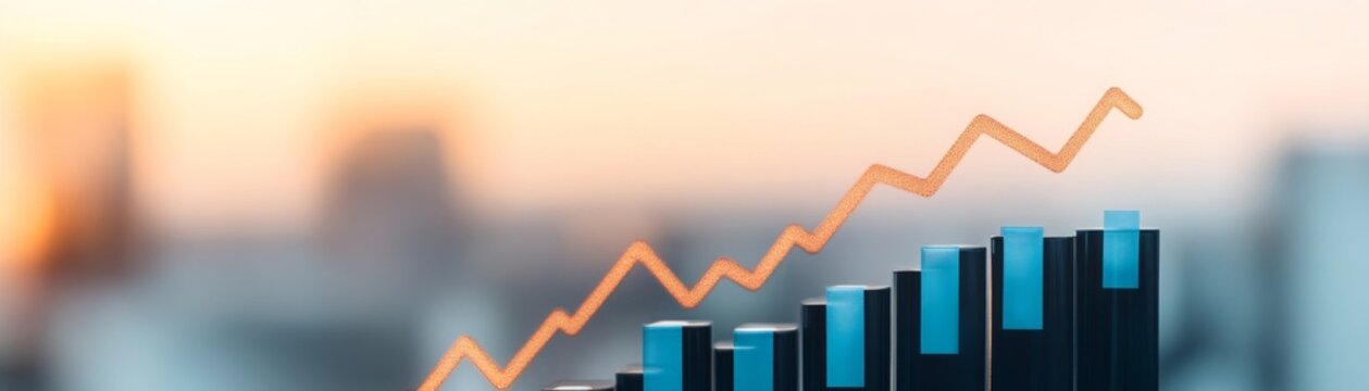 Content An upward-trending orange line graph and blue 3D bar charts. Composition Close-upMacro view of a financial chart. The blue bars are in the foreground, the orange line is