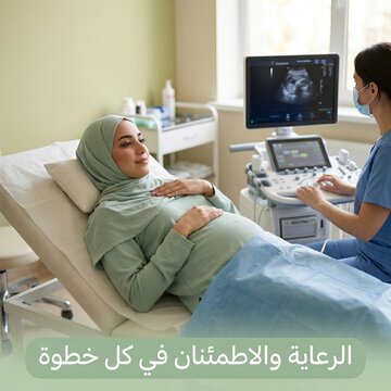 Pregnant woman in hijab, ultrasound exam, medical professional, hospital room